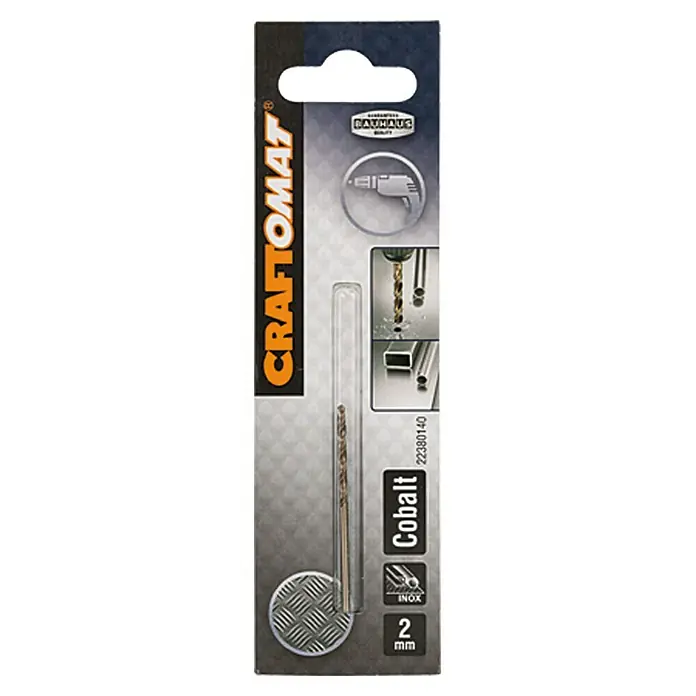 Craftomat Metallbohrer - HSS-Co, Durchmesser Bohrer: 2 mm - Produktbild einer Craftomat Cobalt 2 mm Bohrmaschine mit Verpackung.