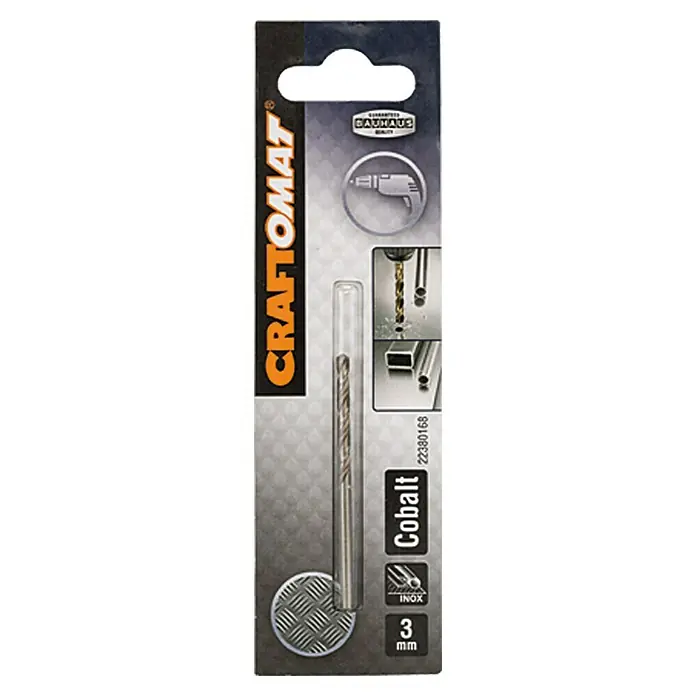 Craftomat Metallbohrer - HSS-Co, Durchmesser Bohrer: 3 mm - Verpackung eines 3-mm-Cobalt-Bohrers der Marke Craftomat für Inox-Materialien, ideal für präzise Bohrarbeiten in Edelstahl und anderen Metallen.