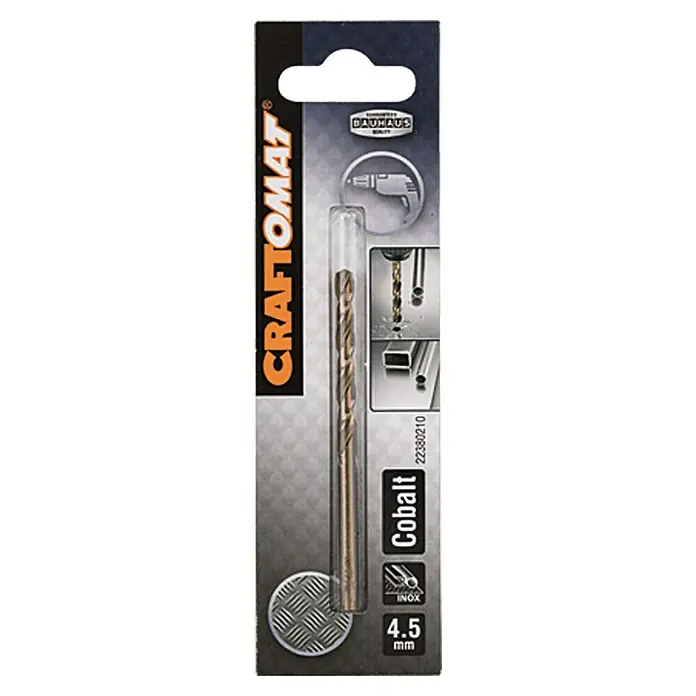 Craftomat Metallbohrer - HSS-Co, Durchmesser Bohrer: 4,5 mm - Ein 4,5 mm Craftomat Cobalt Spiralbohrer, ideal für INOX-Anwendungen, verpackt in einer praktischen Blisterverpackung.