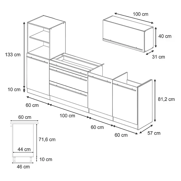 Küchenzeile R-Line 280 cm Rot Hochglanz Art.-Nr. 66472 -  - Schema einer modularen Küchenzeile mit Unter-, Ober- und Hochschränken, inklusive Maßen.