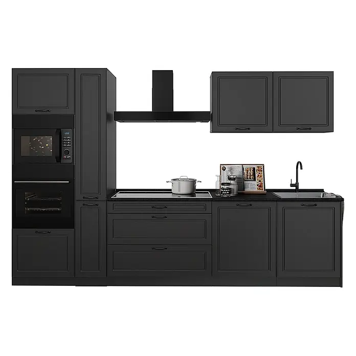 Küchenzeile R-Line 310 cm Anthrazit Landhaus Art.-Nr. 67936 -  - Schwarze modulare Küche mit eingebautem Ofen, Mikrowelle, Induktionskochfeld und Spüle, inklusive Hoch-, Unter- und Hängeschränken.