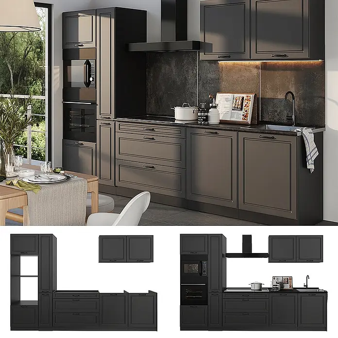 Küchenzeile R-Line 310 cm Anthrazit Landhaus Art.-Nr. 67936 -  - Dunkelgraue klassische Küchenschränke mit integrierten Geräten und Arbeitsplatte in modernem Ambiente.