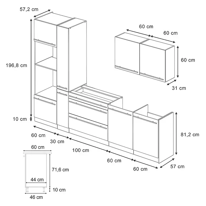 Küchenzeile R-Line 310 cm Anthrazit Landhaus Art.-Nr. 67936 -  - Technische Zeichnung modularer Küchenschränke (Hoch-, Wand-, Unterschränke) mit detaillierten Maßen in cm. Neutrales Design.