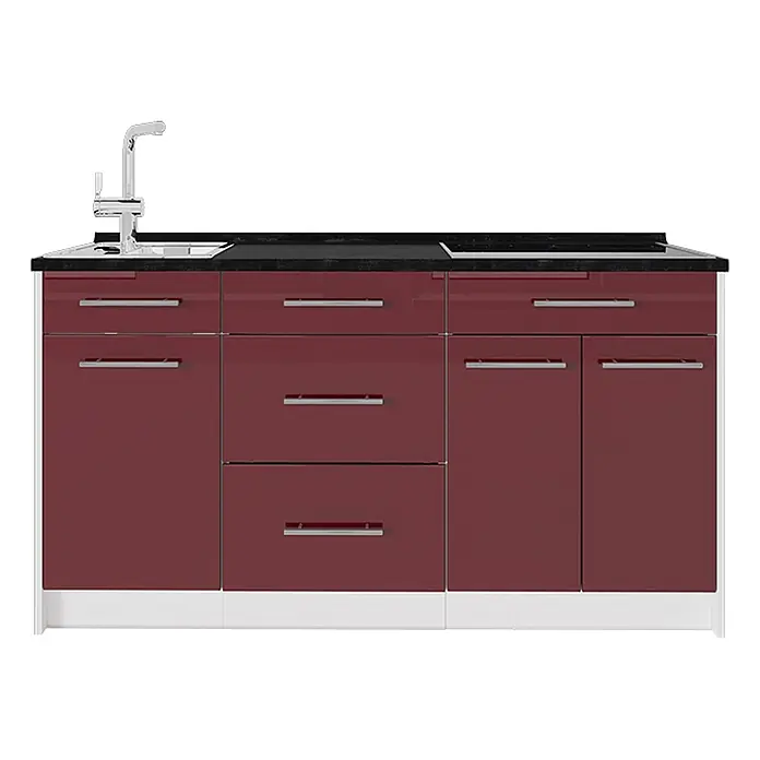 Küchenblock Fame-Line 150 cm Bordeaux Hochglanz Art.-Nr. 70426 -  - Hochglanz-Bordeaux-Küchenzeile mit schwarzer Arbeitsplatte, integriertem Spülbecken, Chromarmatur und Kochfeld.