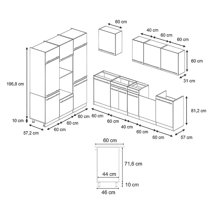Küchenzeile R-Line 180 cm Blau-Grau Art.-Nr. 67024 -  - Skizze eines modularen Küchenschranksystems mit Hochschränken, Unterschränken und Oberschränken und detaillierten Maßen.