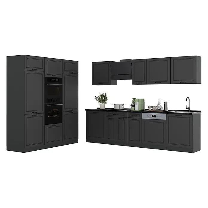 Küchenzeile R-Line 180 cm Anthrazit Landhaus Art.-Nr. 67766 -  - Dunkelgraue Küchenzeile mit integriertem Backofen, Geschirrspüler, Spüle, Kochfeld und Dunstabzugshaube, mit klassischen Kassettentüren.