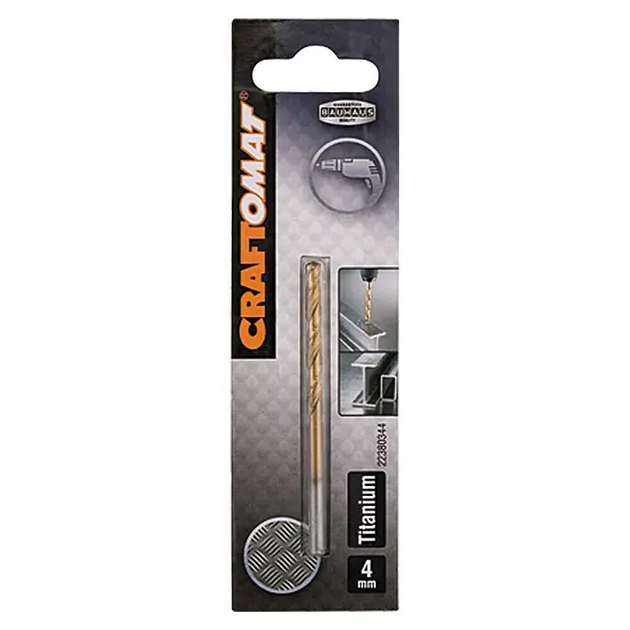 Craftomat Metallbohrer - HSS-TiN, Durchmesser Bohrer: 4 mm, Arbeitslänge: 43 mm - Nahaufnahme eines 4-mm-Titan-Metallbohrers von Craftomat, der in einer transparenten Verpackung präsentiert wird.