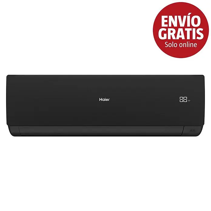 Haier Aire acondicionado Inverter Flexis-S - 2.600 W, 3.200 W, 20 m², Negro - Aire acondicionado Haier negro con pantalla digital que muestra '88'.