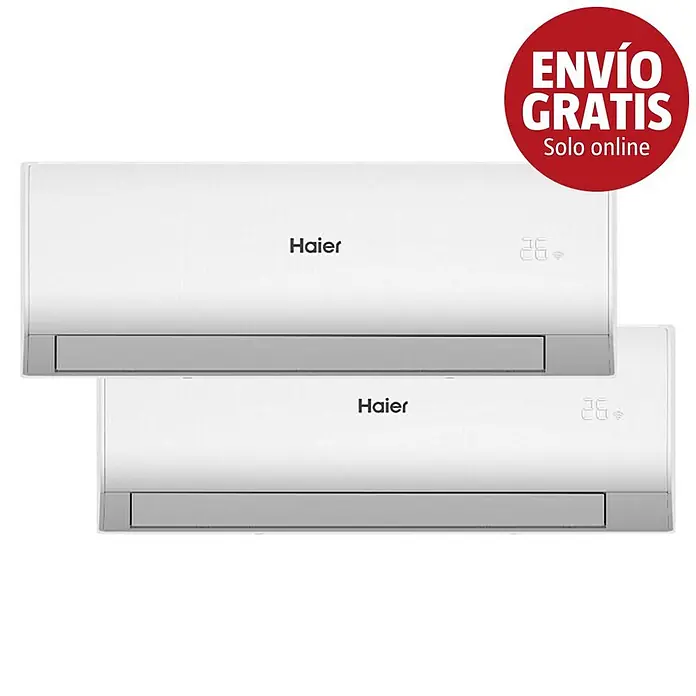 Haier Aire acondicionado Inverter 2x1 Tide-R - 3.400 W, 3.400 W, 20 m² - 30 m², Blanco - Dos unidades interiores de aire acondicionado Haier blancas con pantallas digitales.