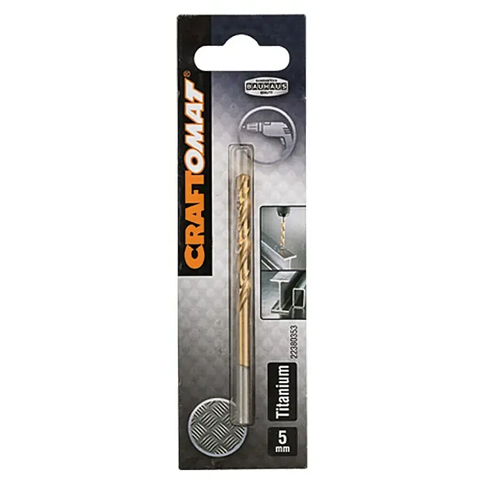 Craftomat Metallbohrer - HSS-TiN, Durchmesser Bohrer: 5 mm, Arbeitslänge: 52 mm - Abbildung einer CRAFTOMAT-Titanbohrerspitze, 5 mm, in einer versiegelten Verpackung, ideal für Metallbearbeitung.