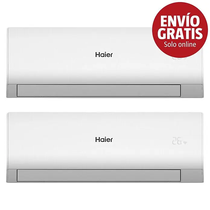 Haier Aire acondicionado Inverter 2x1 Tide-R - 3.400 W, 2.800 W, 20 m², Blanco - Dos unidades interiores de AC Haier blancas con solapas grises, una con pantalla digital. Insignia roja de 'Envío Gratis' arriba a la derecha.