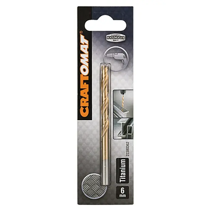 Craftomat Metallbohrer - HSS-TiN, Durchmesser Bohrer: 6 mm, Arbeitslänge: 57 mm - Abbildung eines Craftomat 6 mm Titan-beschichteten Metallbohrers in der Originalverpackung mit Bauhaus-Qualitätssiegel.