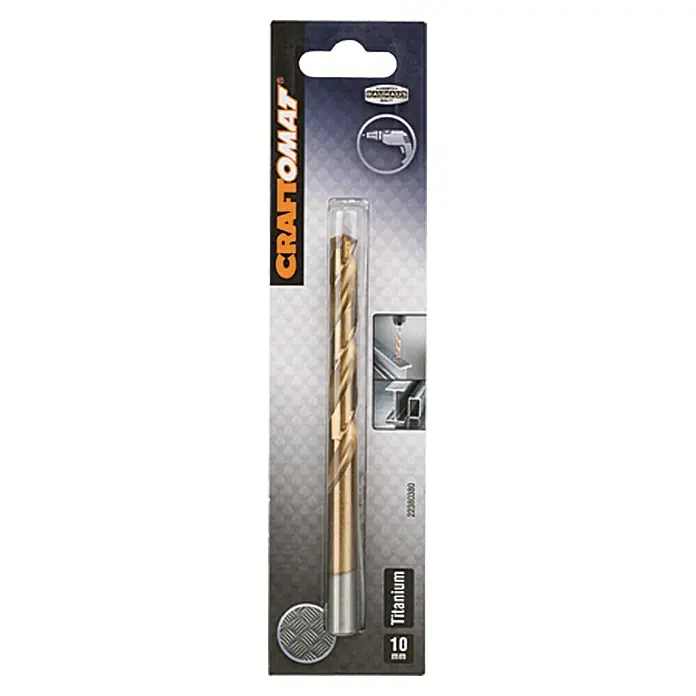 Craftomat Metallbohrer - HSS-TiN, Durchmesser Bohrer: 10 mm, Arbeitslänge: 87 mm - Nahaufnahme eines Craftomat Titanium 10 mm Bohrers in seiner Verpackung. Ideal für präzise Bohrarbeiten in verschiedenen Materialien.