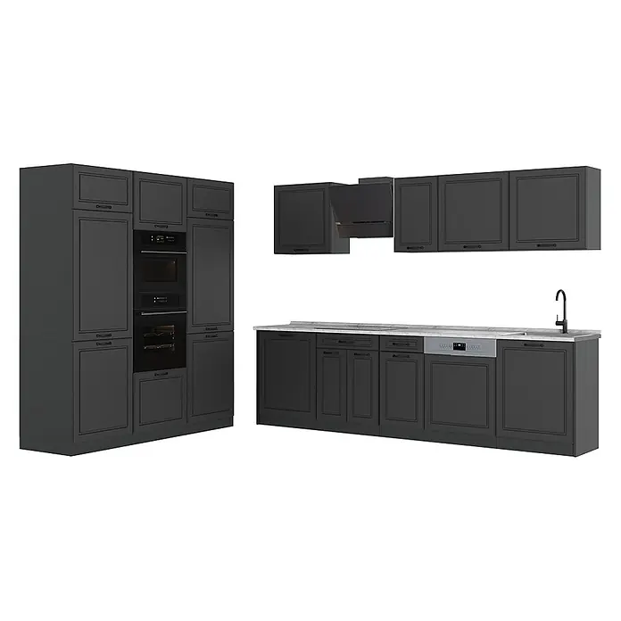 Küchenzeile R-Line 180 cm Anthrazit Landhaus Art.-Nr. 67769 -  - Dunkelgraue modulare Küchenschränke mit Rahmentüren, integriertem Backofen, Mikrowelle, Geschirrspüler, Spüle und Dunstabzugshaube.