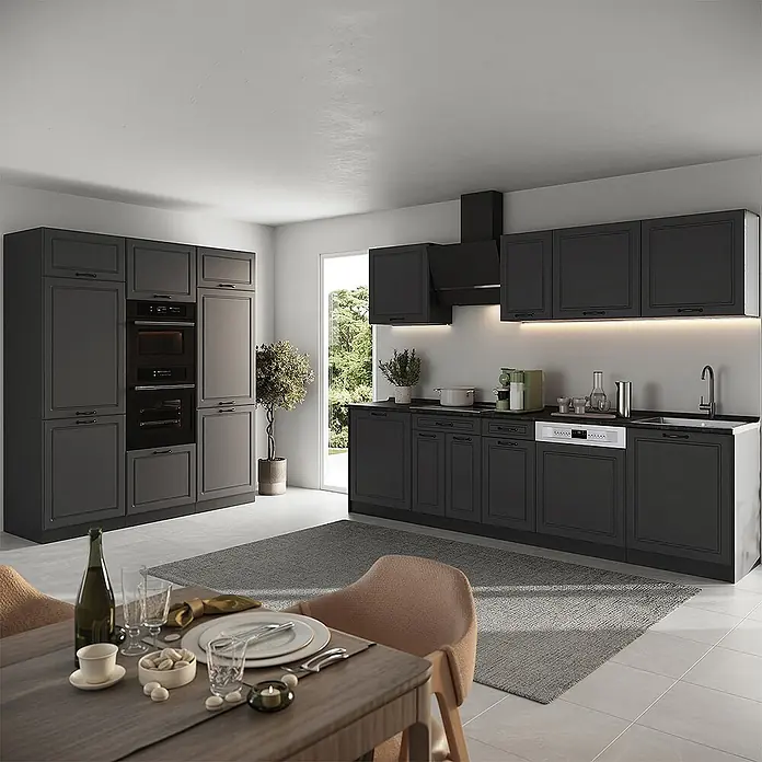 Küchenzeile R-Line 180 cm Anthrazit Landhaus Art.-Nr. 67767 -  - Moderne dunkelgraue Küche mit integrierten Geräten, inkl. Öfen und Geschirrspüler, in einem zeitgenössischen Essbereich.