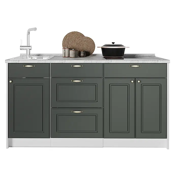 Küchenblock Fame-Line 150 cm Grün-Gold Landhaus Art.-Nr. 70424 -  - Kompakte dunkelgraue Küchenzeile mit Arbeitsplatte in Marmoroptik, integrierter Spüle, Wasserhahn und Kochfeld, mit Schränken und Schubladen.