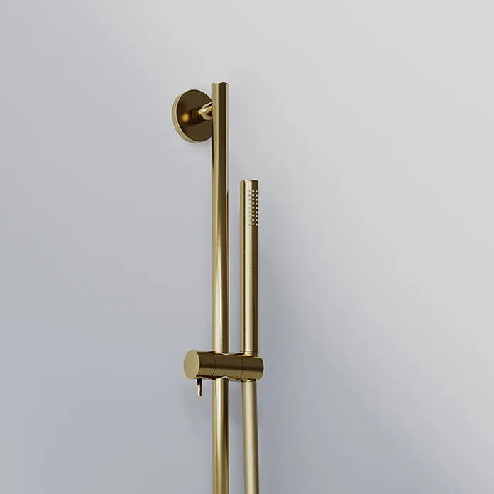 Steinberg Serie 340 Brausegarnitur, inklusive Stabhandbrause und -  - Gebürstete Gold-Duschstange mit integriertem Handbrausekopf.