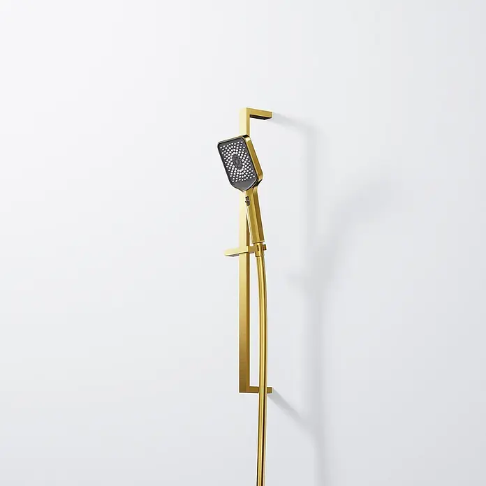 Steinberg Serie 342 Brausegarnitur, 700mm, Handbrause dreifach verstellbar, -  - Gebürstetes Gold-Duschsystem mit quadratischem Handbrausekopf und vertikaler Stange.