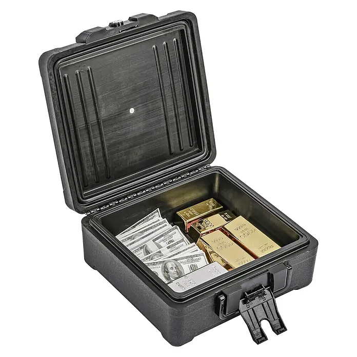 Stabilit Dokumentenkassette - L x B x H: 390 x 365 x 170 mm, Kunststoff - Offene schwarze feuerfeste Tresorbox mit US-Dollar-Scheinen, Gold- und Silberbarren.