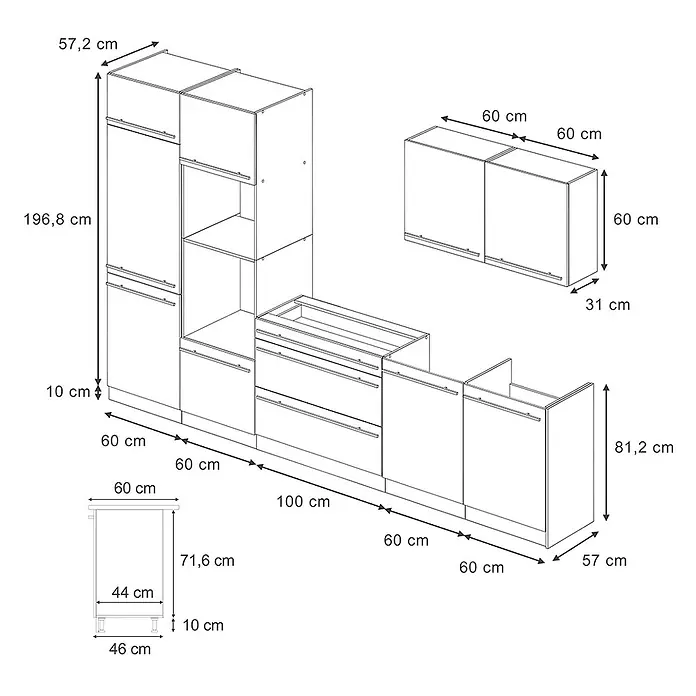 Küchenzeile R-Line 340 cm Weiß Hochglanz Art.-Nr. 66565 -  - Modulares Küchenschranksystem mit Hochschränken, Hängeschränken und Unterschränken, ausgestattet mit Schubladen und Türen in Weiß.