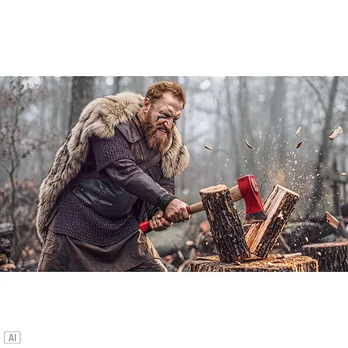 Wisent Handbeil - 600 g - Rotes und hölzernes Spaltbeil spaltet kräftig Brennholz, geführt von einem starken Mann im Wald.