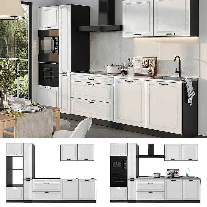 Küchenzeile R-Line 310 cm Weiß Landhaus Art.-Nr. 67939 -  - Weiße Küche mit schwarzen Griffen, Sockeln und Einbaugeräten, inklusive Backofen, Mikrowelle, Kochfeld und Spülbecken.