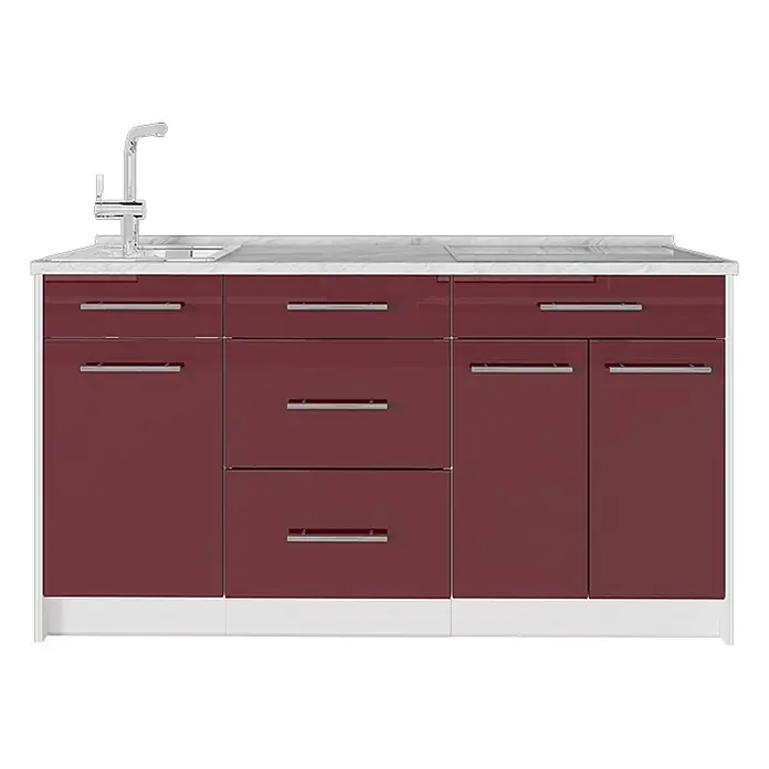 Küchenblock Fame-Line 150 cm Bordeaux Hochglanz Art.-Nr. 70429 -  - Roter Hochglanz-Küchenunterschrank mit weißer Marmor-Arbeitsplatte, integrierter Spüle, Wasserhahn und Kochfeld.