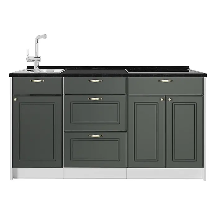 Küchenblock Fame-Line 150 cm Grün-Gold Landhaus Art.-Nr. 70422 -  - Dunkelgraue Küchenunterschrankzeile mit schwarzer Arbeitsplatte, Spüle, Armatur, Kochfeld und Schubladen/Türen.