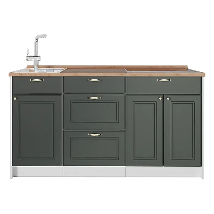 Küchenblock Fame-Line 150 cm Grün-Gold Landhaus Art.-Nr. 70423 -  - Dunkelgraue Küchenunterschrankzeile mit Holzplatte, Spüle, Armatur, Kochfeld und goldfarbenen Griffen.