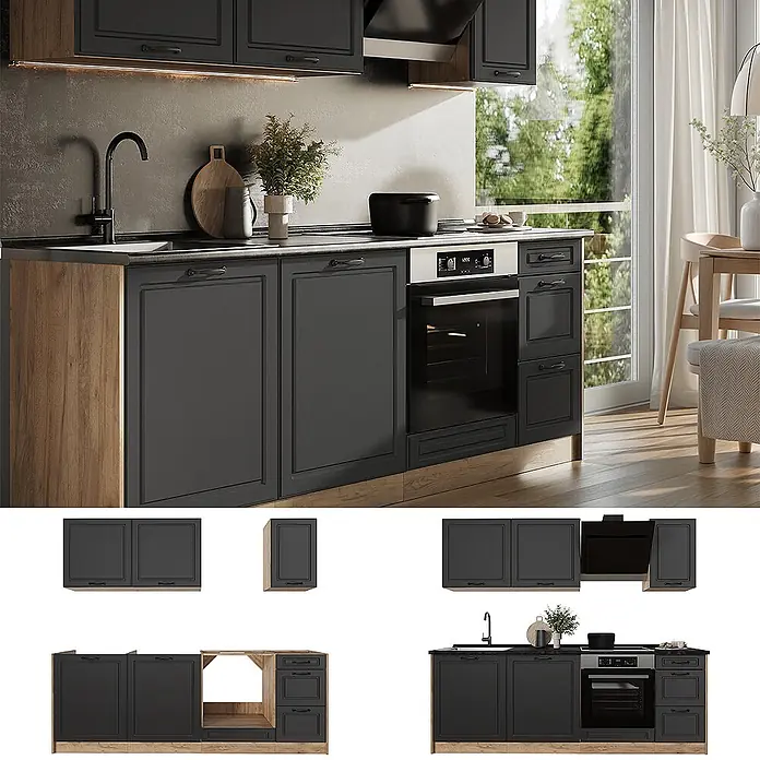 Küchenzeile R-Line 220 cm Anthrazit Landhaus Art.-Nr. 67874 -  - Moderne dunkelgraue Küche mit Holzsockel und Seitenwand, Spüle, Wasserhahn und integriertem Backofen.