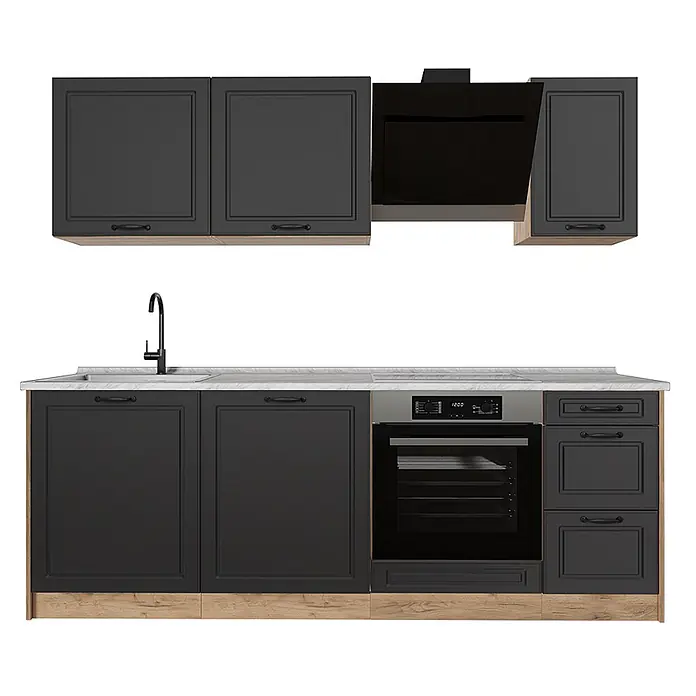 Küchenzeile R-Line 220 cm Anthrazit Landhaus Art.-Nr. 67876 -  - Schwarze Küche mit hellem Holzsockel und Arbeitsplatte, Oberschränken, Unterschränken, Spüle, Armatur, Ofen und Dunstabzugshaube.