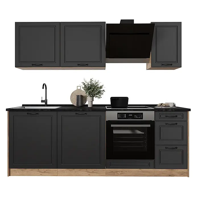 Küchenzeile R-Line 220 cm Anthrazit Landhaus Art.-Nr. 67874 -  - Modulare dunkelgraue Küche mit Holzsockel, Oberschränken, Spüle, Backofen und Schubladen.