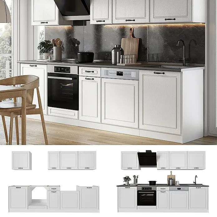 Küchenzeile R-Line 280 cm Weiß Landhaus Art.-Nr. 67926 -  - Weiße Modulküche mit Shaker-Schränken, schwarzen Griffen, dunkler Arbeitsplatte und integriertem Backofen, Kochfeld, Geschirrspüler in moderner Umgebung.
