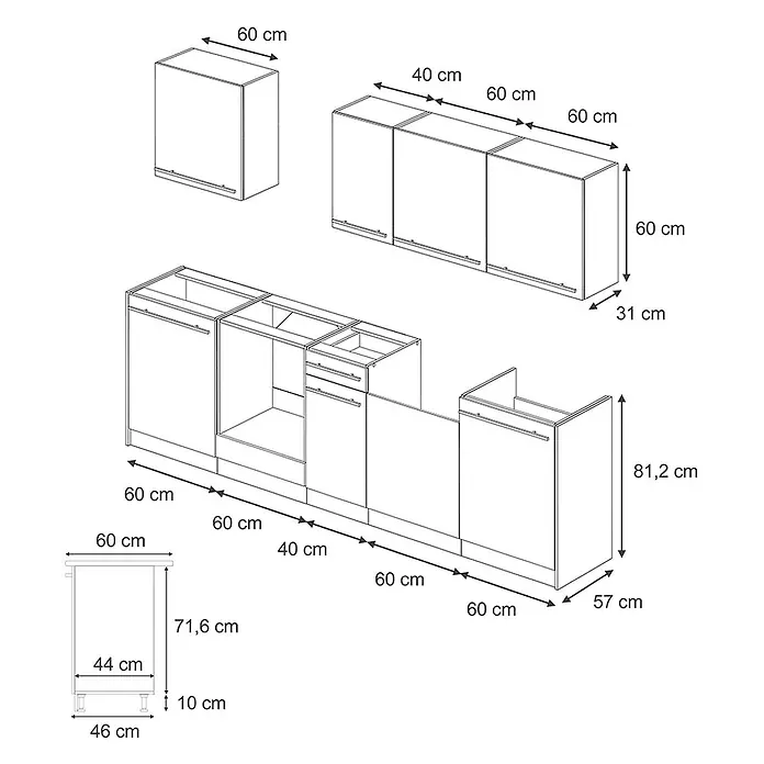 Küchenzeile R-Line 280 cm Anthrazit Landhaus Art.-Nr. 67923 -  - Strichzeichnung modularer Küchenschränke mit detaillierten Maßen für Ober- und Unterschränke, verschiedene Größen.