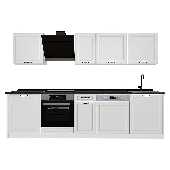 Küchenzeile R-Line 280 cm Weiß Landhaus Art.-Nr. 67926 -  - Weiße Küchenzeile mit schwarzer Arbeitsplatte, integrierten Silbergeräten (Backofen, Kochfeld, Geschirrspüler), schwarzer Dunstabzugshaube und Spüle.