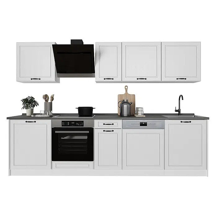 Küchenzeile R-Line 280 cm Weiß Landhaus Art.-Nr. 67926 -  - Weiße modulare Küchenzeile mit dunkelgrauer Arbeitsplatte, schwarzer Dunstabzugshaube, Backofen und Geschirrspüler. Mit schwarzen Griffen und Spüle.