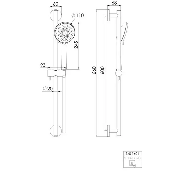 Steinberg Serie 340 Brausegarnitur, inklusive Handbrause, 3-fach -  - Technische Zeichnung eines Brausesets mit runder Handbrause und verstellbarer Brausestange, Maße angegeben.