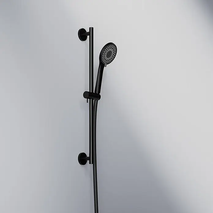 Steinberg Serie 340 Brausegarnitur, inklusive Handbrause, 3-fach -  - Mattschwarze Duschstange mit verstellbarem Handbrausekopf und Schlauch.
