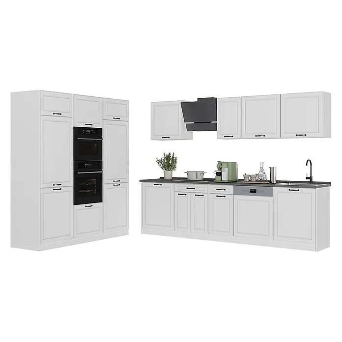 Küchenzeile R-Line 180 cm Weiß Landhaus Art.-Nr. 67797 -  - Weiße modulare Küche mit schwarzen Griffen, dunkelgrauer Arbeitsplatte und schwarzen Einbaugeräten.