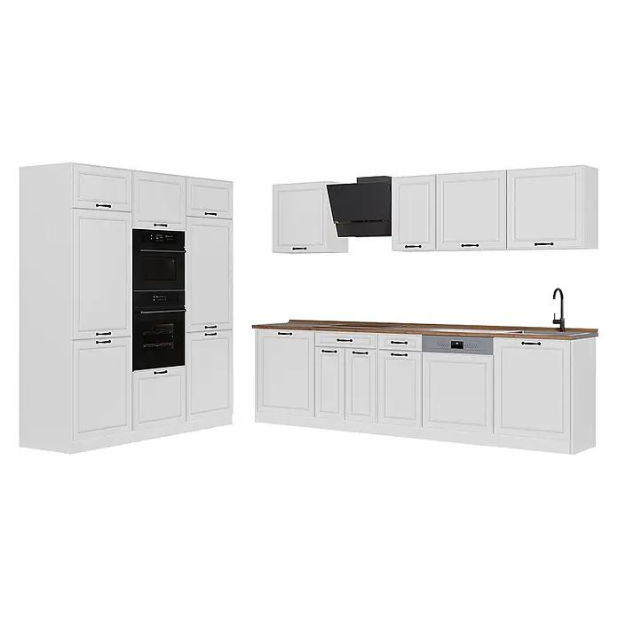 Küchenzeile R-Line 180 cm Weiß Landhaus Art.-Nr. 67797 -  - Weiße Küchenschränke mit schwarzen Griffen, Holzarbeitsplatte und integrierten schwarzen Geräten.