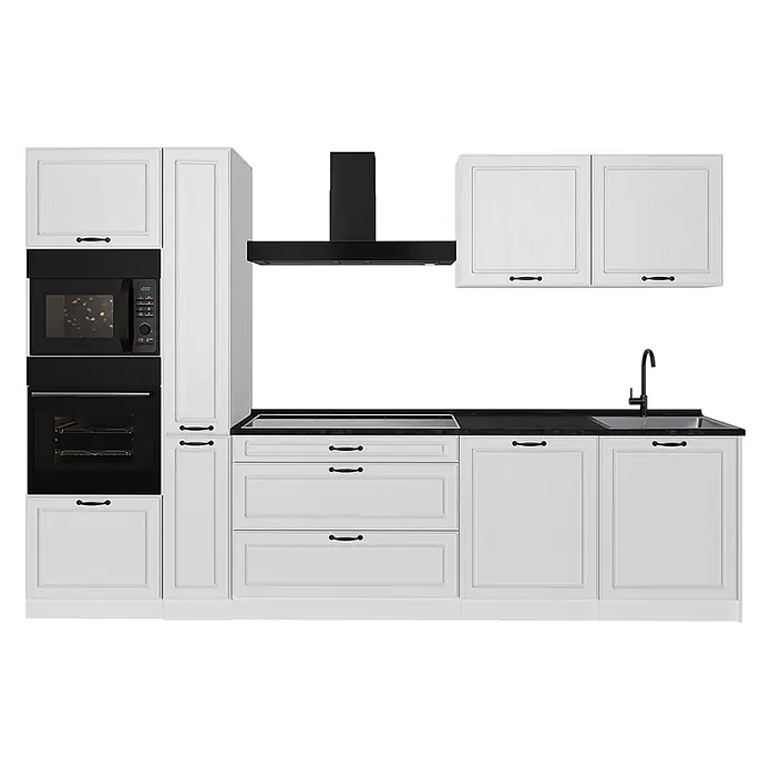 Küchenzeile R-Line 310 cm Weiß Landhaus Art.-Nr. 67962 -  - Weiße Küche mit schwarzen Arbeitsplatten, integriertem Backofen, Mikrowelle, Kochfeld, Dunstabzugshaube und Spüle.