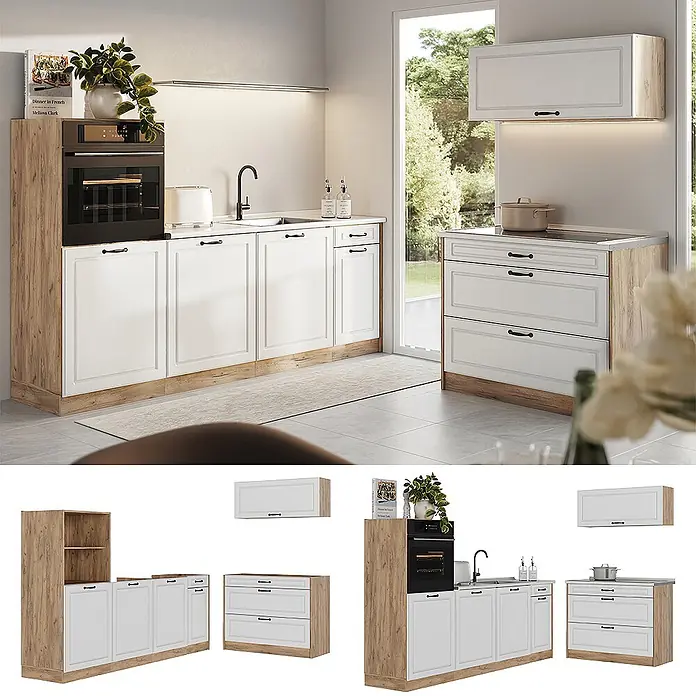 Küchenzeile R-Line 220 cm Weiß Landhaus Art.-Nr. 68133 -  - Modulares Küchenschrank-Set mit weißen Paneelfronten und Details in Naturholzoptik, inkl. Ofenschrank, Spülbeckenunterschrank und Schubladenmodulen.