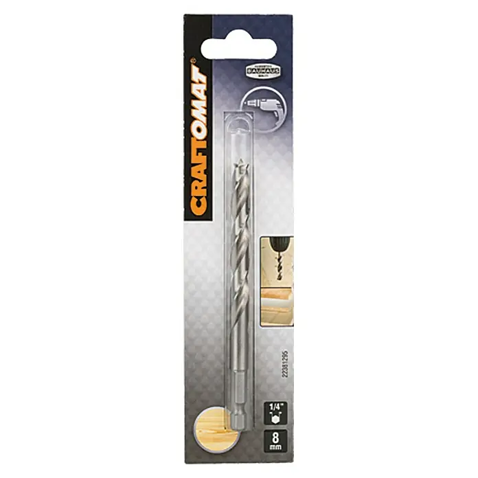 Craftomat Holzbohrer - 1 Stk., Durchmesser Bohrer: 8 mm, Arbeitslänge: 75 mm - Abbildung einer Craftomat Holzbohrersatz-Packung, ideal für präzise Bohrlöcher in Holz mit 8mm Durchmesser und 1/4 Zoll Schaft.