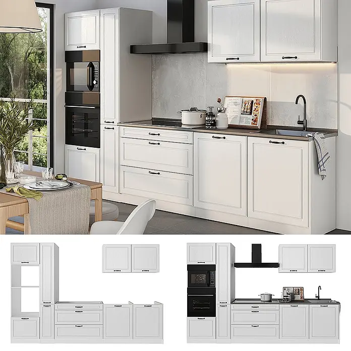 Küchenzeile R-Line 310 cm Weiß Landhaus Art.-Nr. 67962 -  - Weiße modulare Küche mit dunkler Arbeitsplatte, schwarzen Griffen und integrierten schwarzen Geräten. In verschiedenen Funktionskonfigurationen gezeigt.