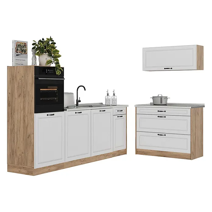 Küchenzeile R-Line 220 cm Weiß Landhaus Art.-Nr. 68133 -  - Modulares Küchenschranksystem mit weißen Fronten und Holzdekor, inklusive integriertem Backofen, Spüle und Kochfeld.