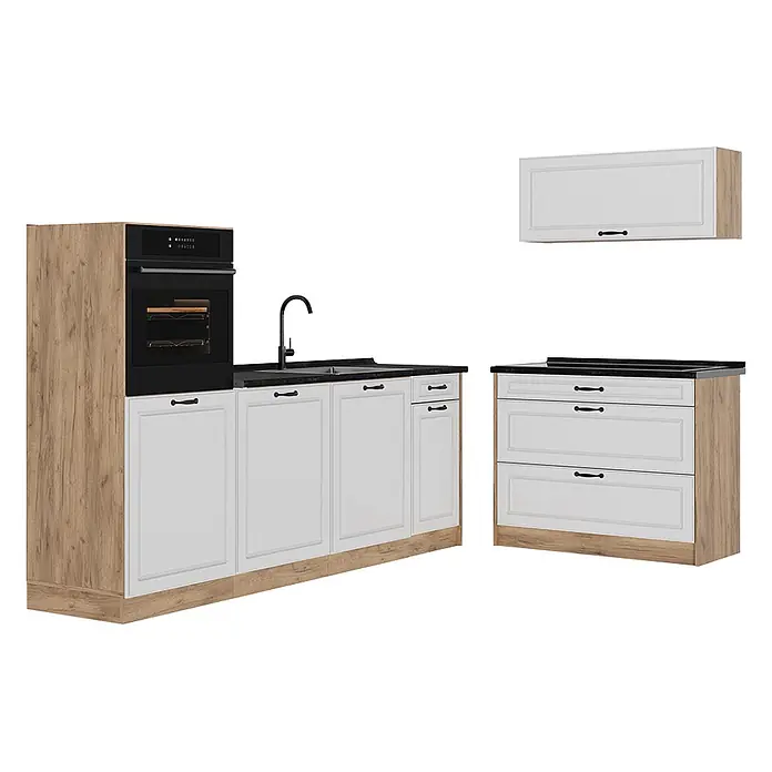 Küchenzeile R-Line 220 cm Weiß Landhaus Art.-Nr. 68133 -  - Moderne modulare Küchenzeile mit heller Holzmaserung und weißen Schränken, schwarzen Arbeitsplatten, integriertem Backofen, Spüle und separatem Schubladenmodul mit Kochfeld.