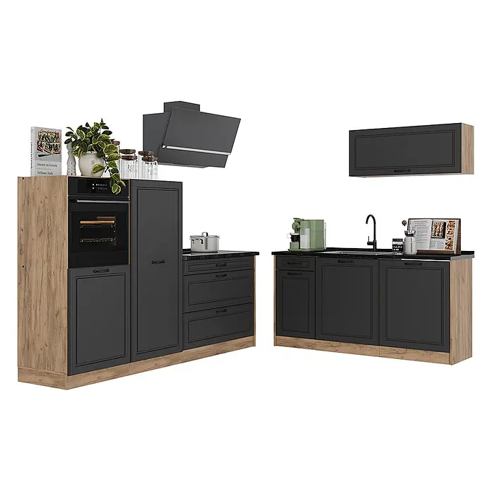 Küchenzeile R-Line 220 cm Anthrazit Landhaus Art.-Nr. 67850 -  - Moderne modulare Küchenzeile mit dunkelgrauen Schränken, hellen Holzakzenten und schwarzen Arbeitsplatten, inkl. Backofen, Kochfeld und Spüle.