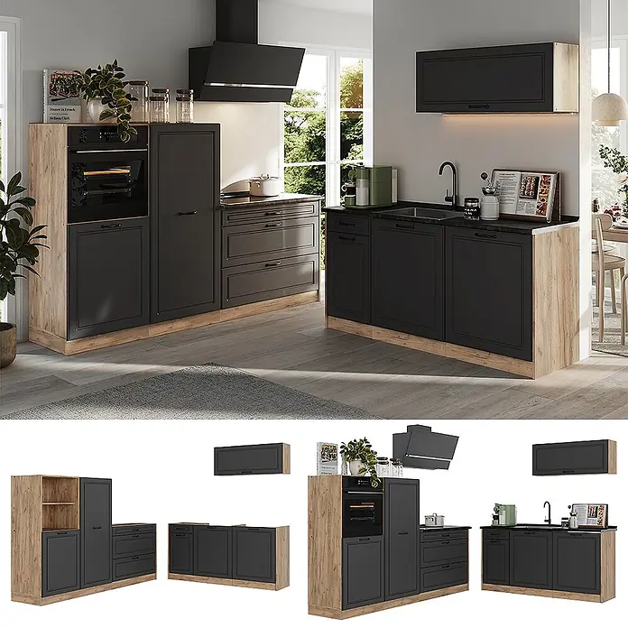 Küchenzeile R-Line 220 cm Anthrazit Landhaus Art.-Nr. 67850 -  - Modernes Küchenset mit dunkelgrauen Schränken und heller Holzoptik, in verschiedenen Konfigurationen gezeigt.