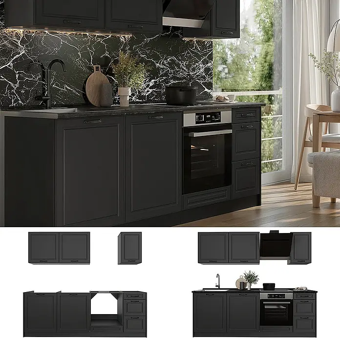Küchenzeile R-Line 220 cm Anthrazit Landhaus Art.-Nr. 67828 -  - Elegante schwarze Küchenzeile mit integriertem Backofen und Spüle, bestehend aus Ober- und Unterschränken für eine moderne Küche.