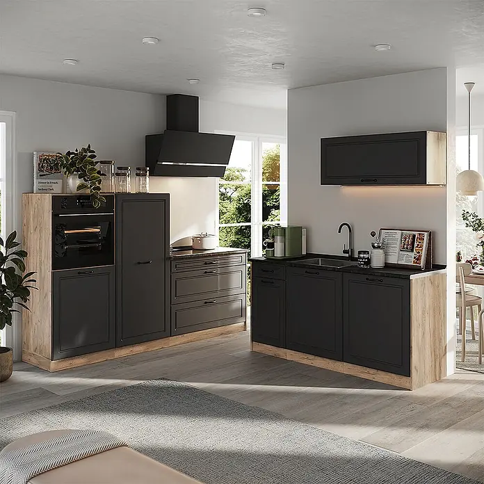 Küchenzeile R-Line 220 cm Anthrazit Landhaus Art.-Nr. 67850 -  - Moderne modulare Küche mit dunkelgrauen Schränken und hellen Holzimitat-Rahmen. Mit integriertem Backofen, Spüle und Stauflächen.